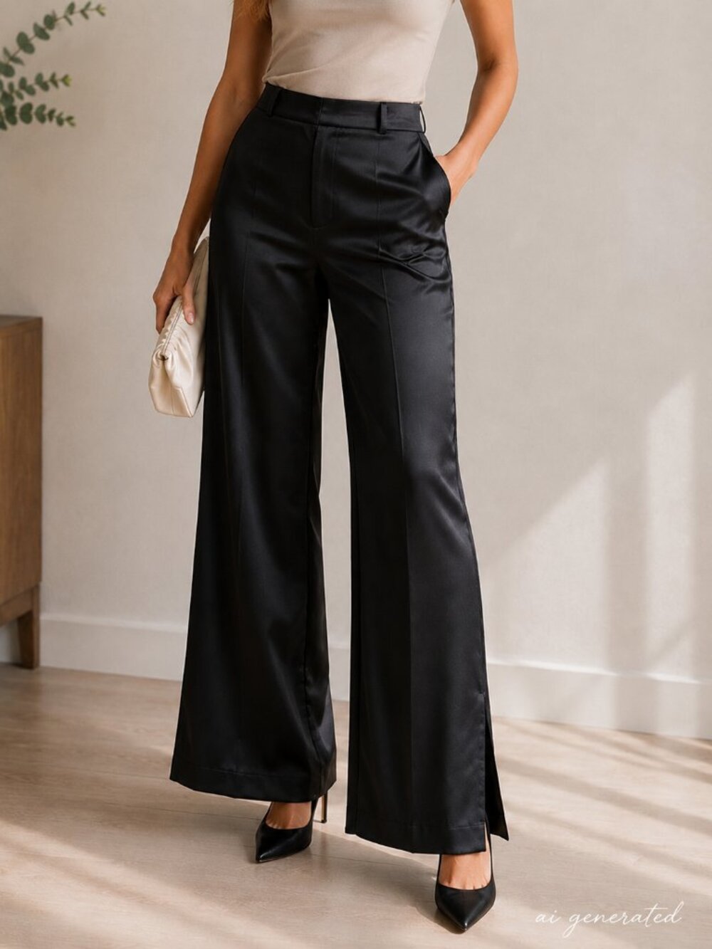 Jason Wu Palazzo Pants Women's 10 Black Satin High Rise Wide Leg Dress Pants
